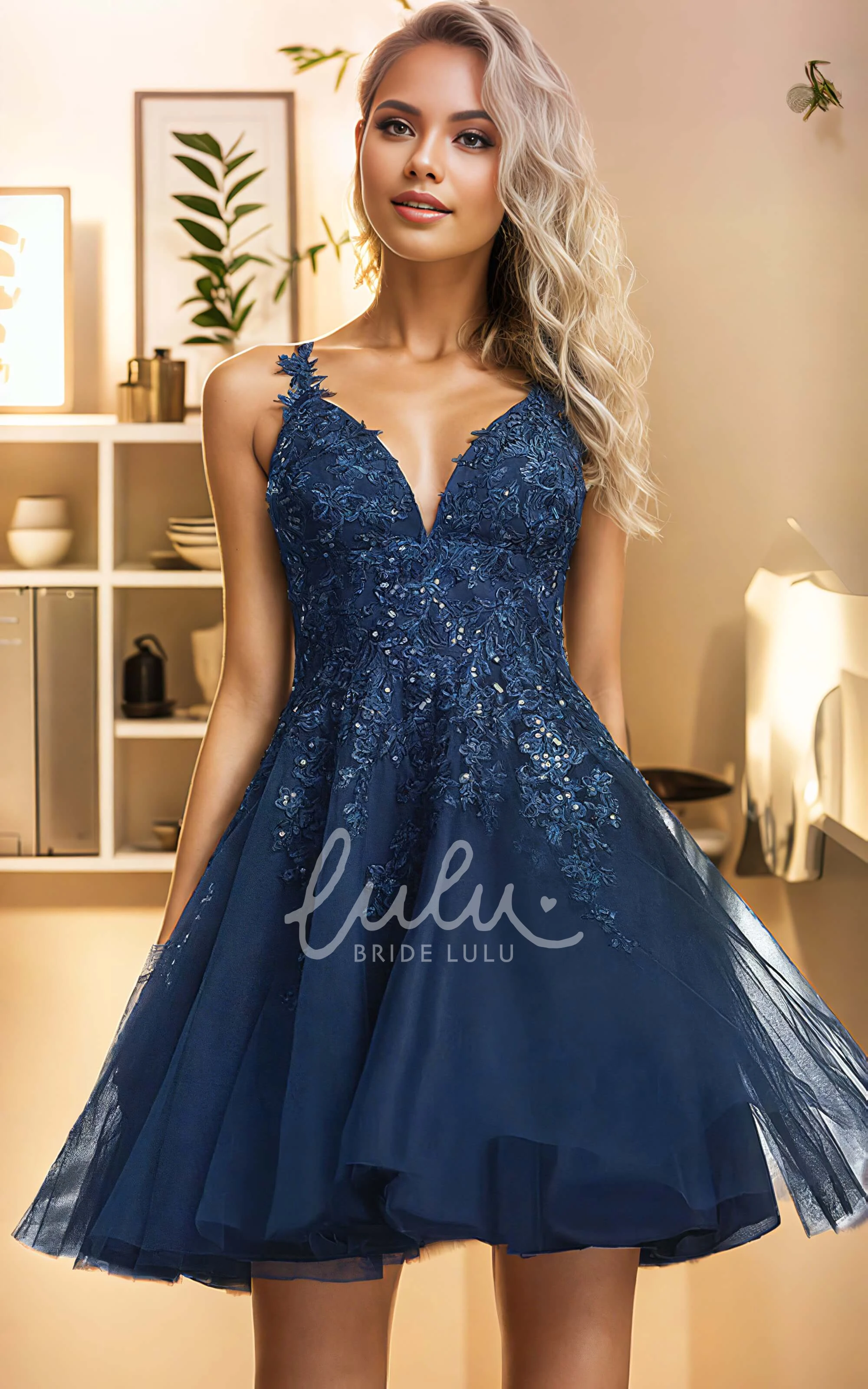 Cocktail Party A-Line Tulle Lace Appliques Dress Modern Sexy Spaghetti V-neck Mini Sleeveless Homecoming Dress with Sequins Straps Zipper Back