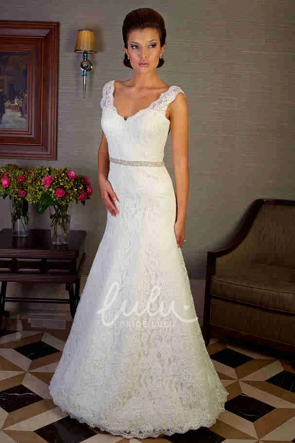 Jeweled Lace A-Line Wedding Dress with V-Neck and Floor-Length