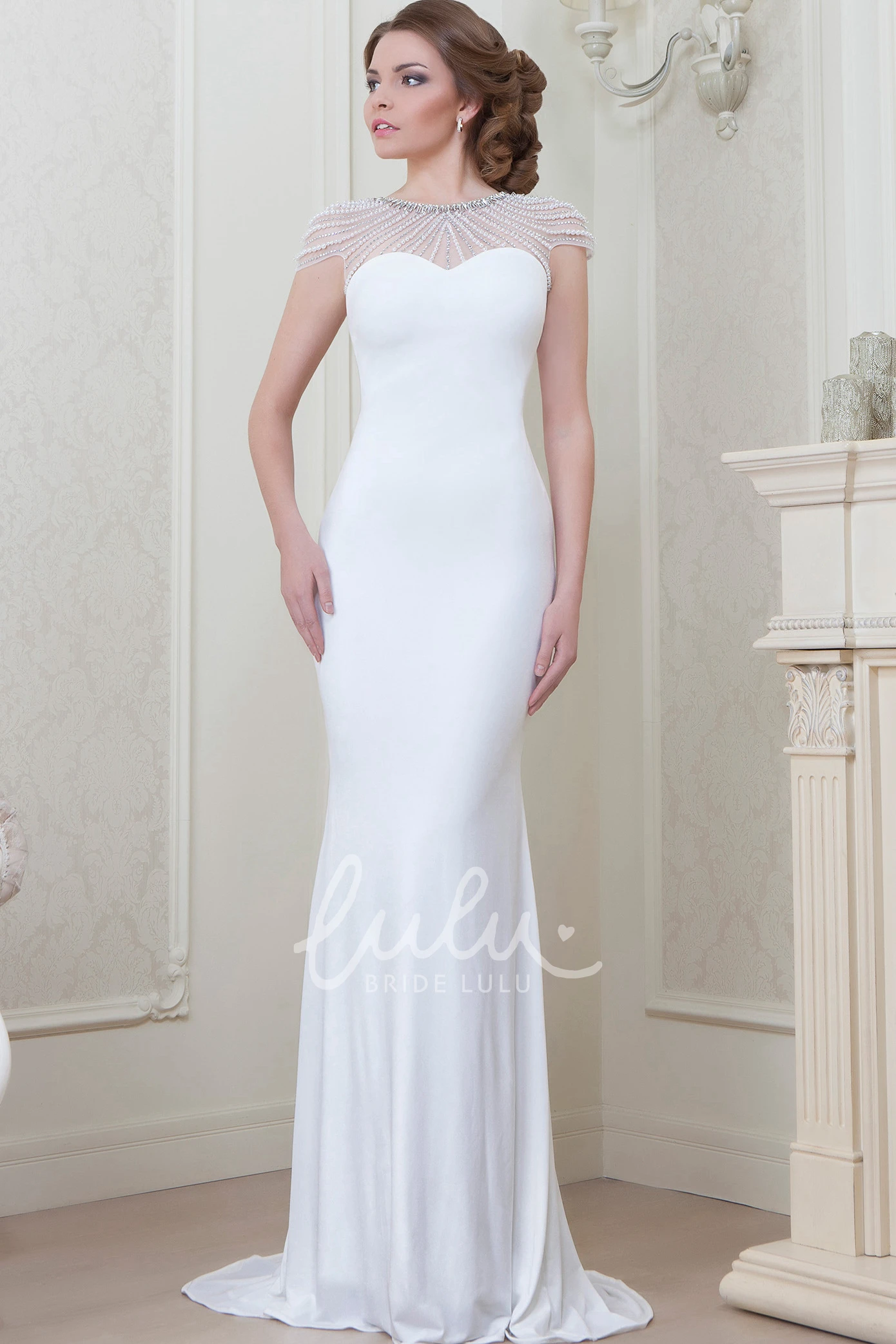 Beaded Jersey Cap-Sleeve Evening Dress with Scoop-Neck in Floor-Length Sheath