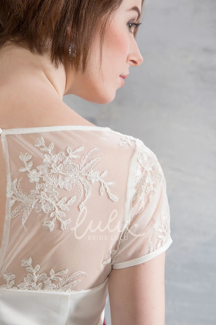 V-Neck Satin Cap-Sleeve Wedding Dress with Appliques and Illusion Classy Bridal Gown