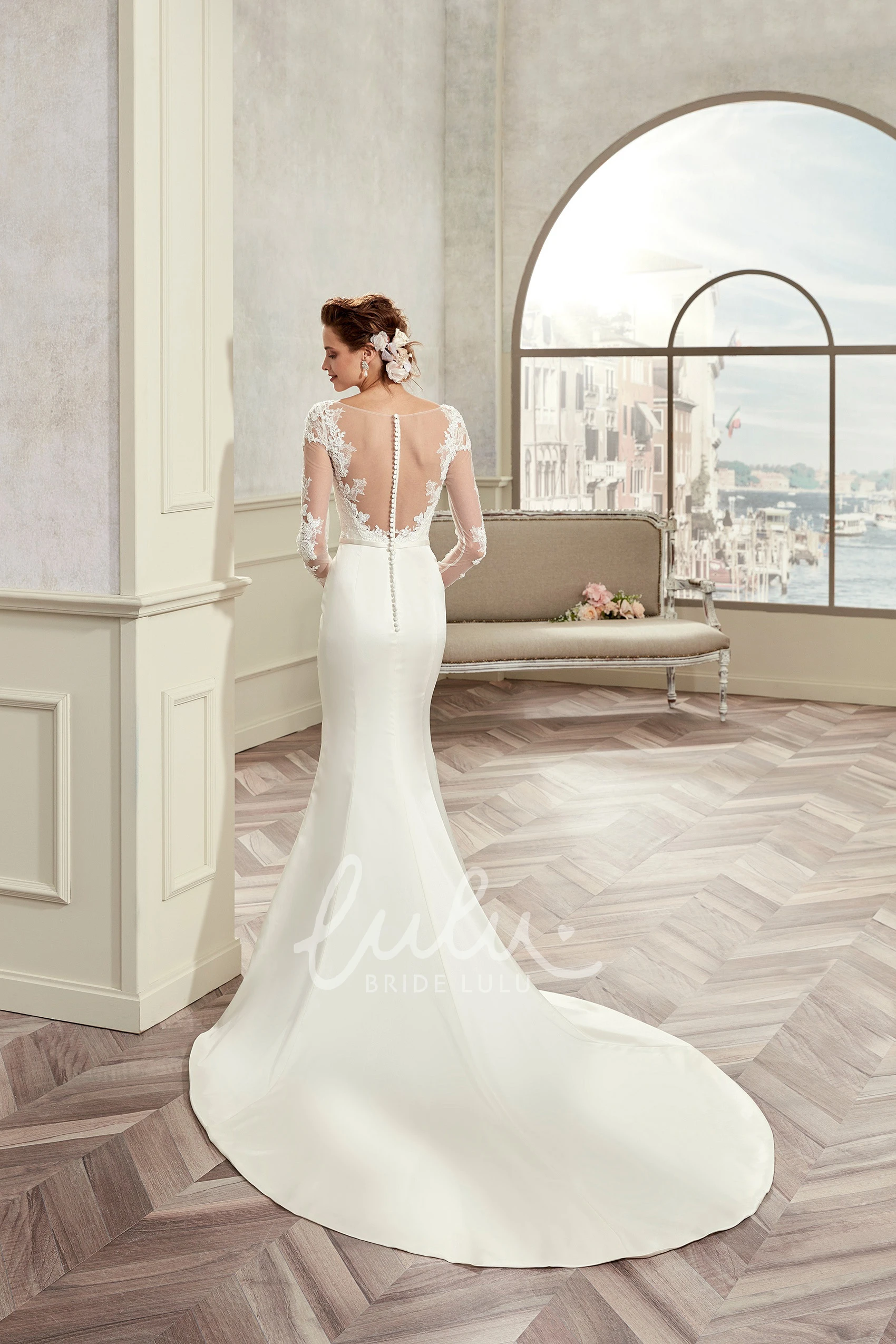 Sheath Wedding Dress with Lace Bodice Satin Skirt and Long Sleeves