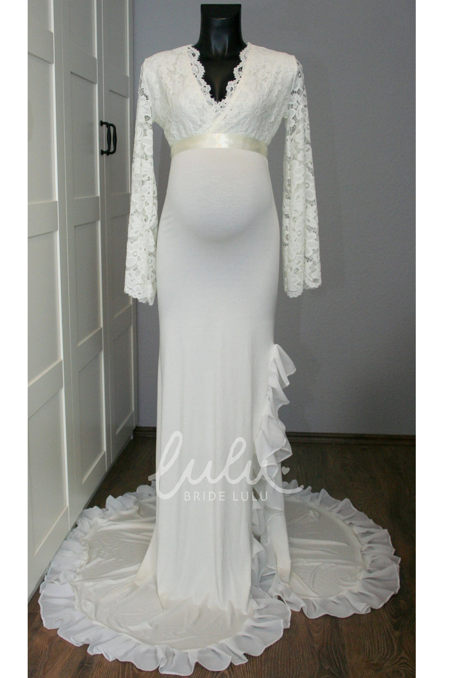 Sheath Maternity Wedding Dress with Sweep Train and Long Sleeves