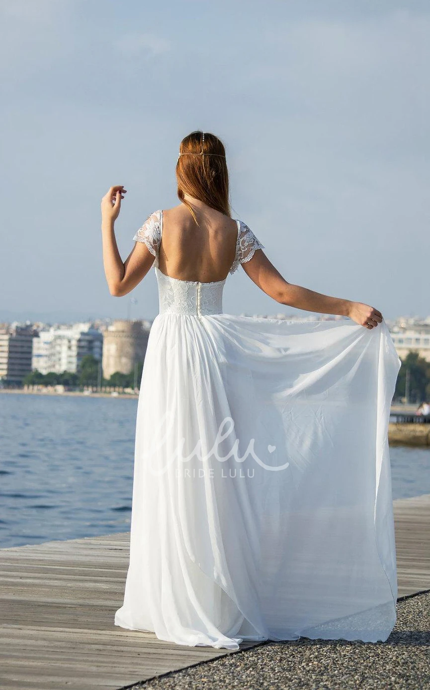 Backless Chiffon Wedding Dress with Lace and Flower Beach Wedding Dress