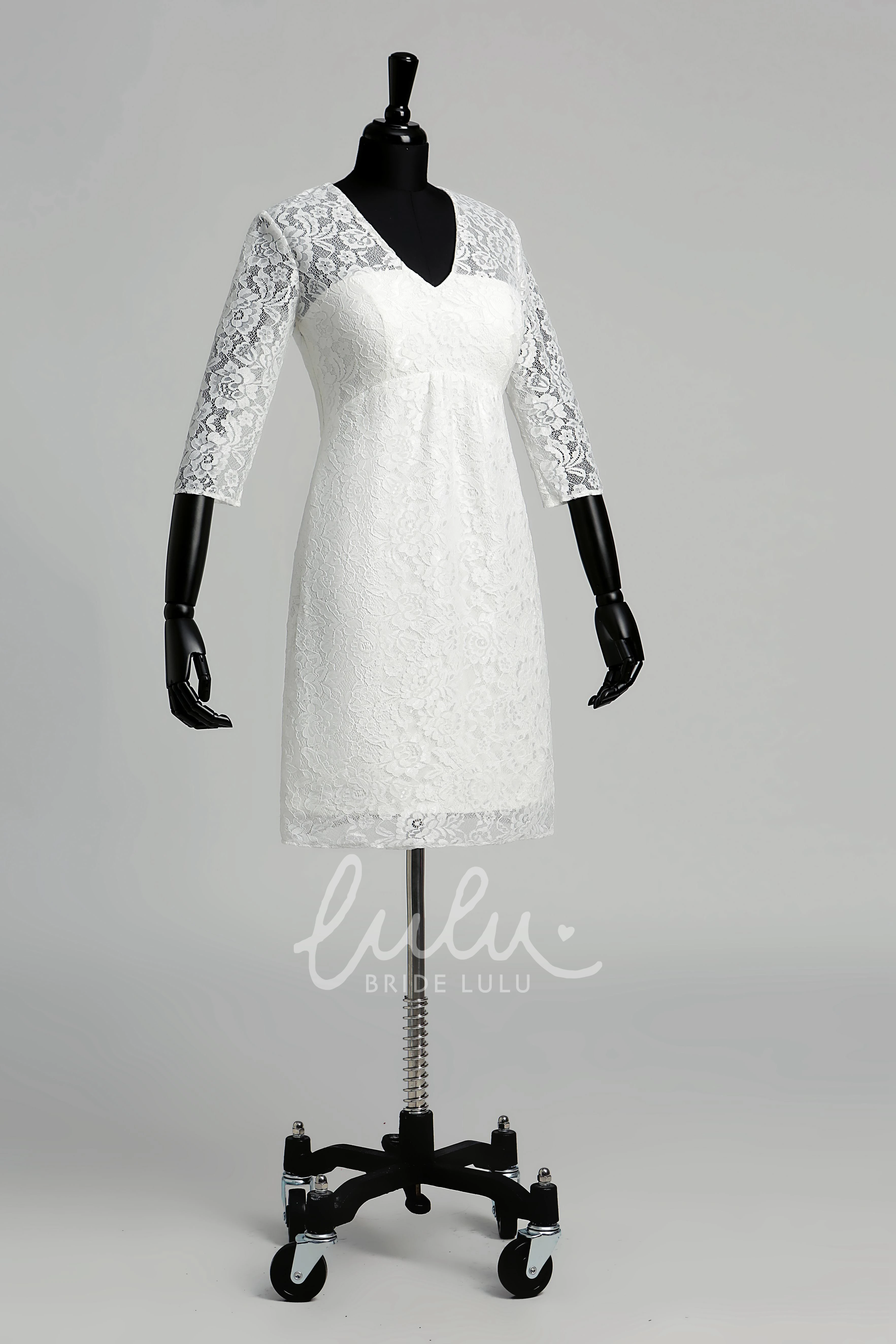 Lace A-line Wedding Dress with V-neckline Illusion 3/4 Sleeves and Ruched Details