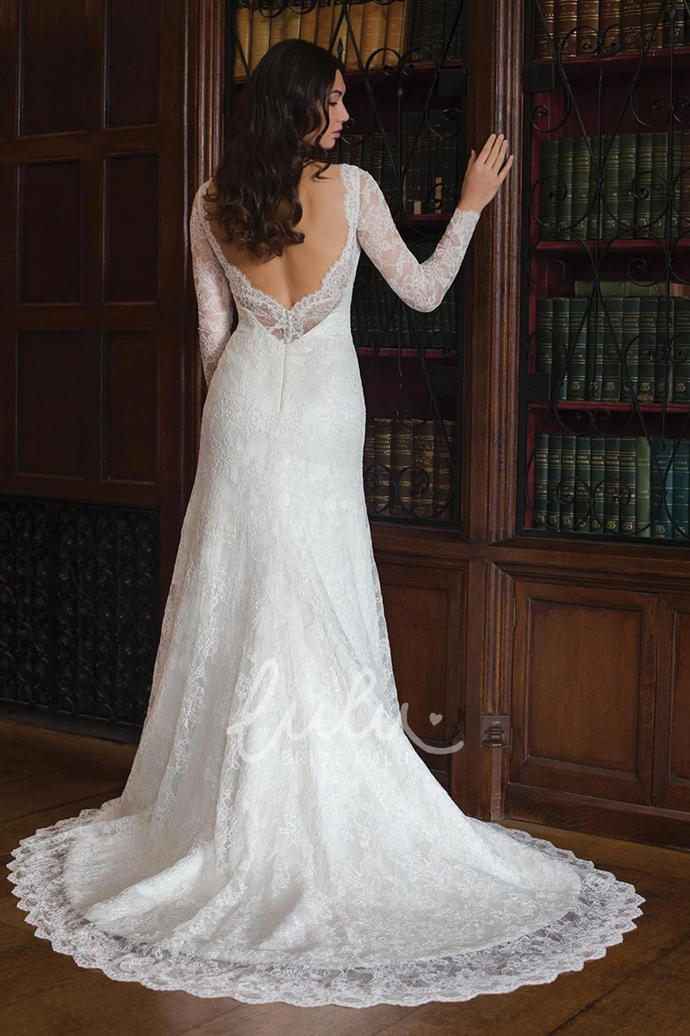 Long-Sleeve Sheath Wedding Dress with V-Neck and Lace Details