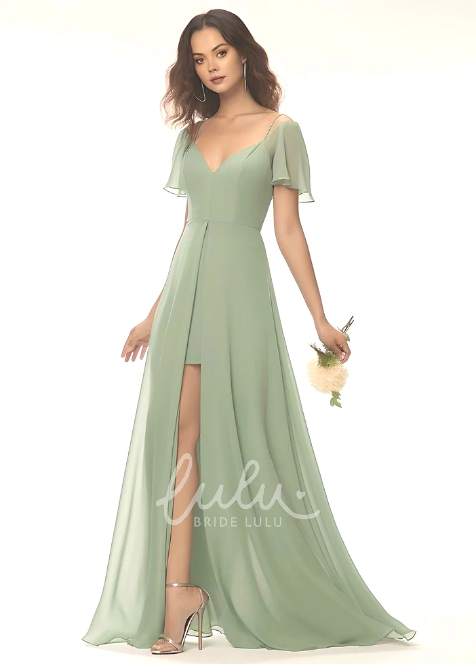 A-Line Chiffon V-neck Bridesmaid Dress with Split Front Modest & Unique