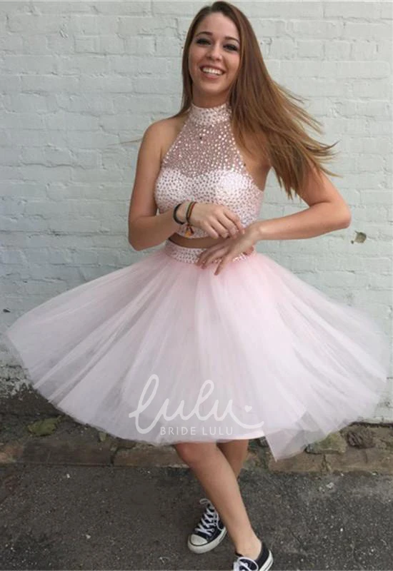 Two Piece Halter Beaded Tulle Cocktail Dress Lovely Prom Dress