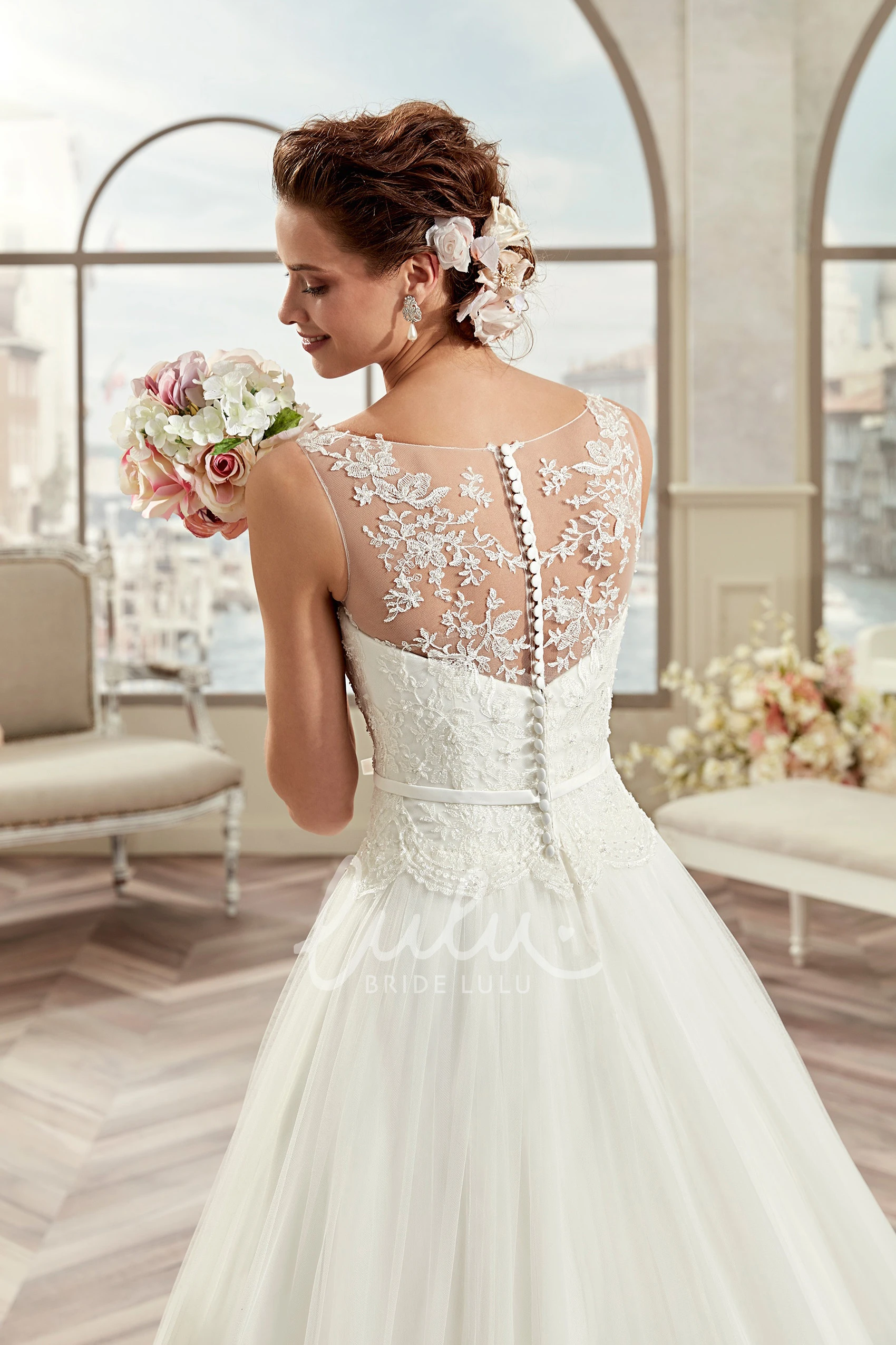 A-Line Bridal Gown with Puffy Skirt and Illusive Design Cap Sleeves