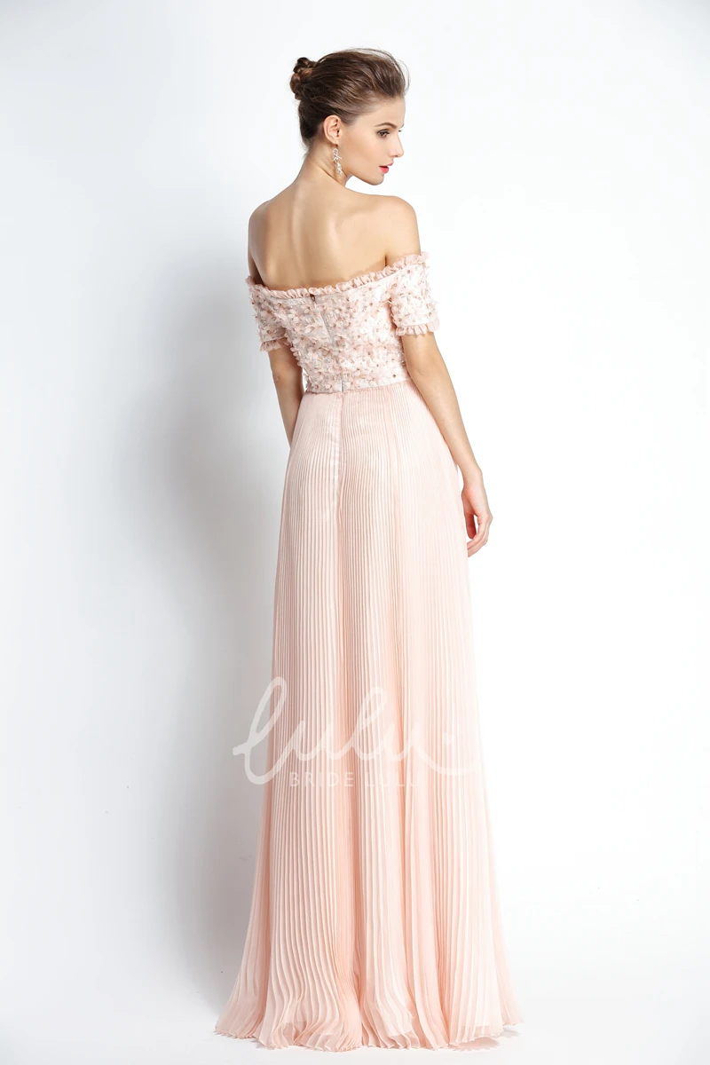 A-Line Off-the-shoulder Chiffon Prom Dress with Beading Knee-length Short Sleeve