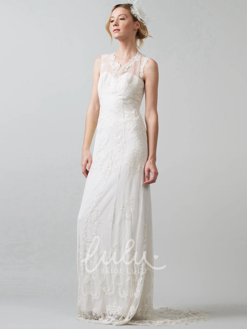 Lace&Tulle Sheath Wedding Dress with V-Neck and Illusion Floor-Length