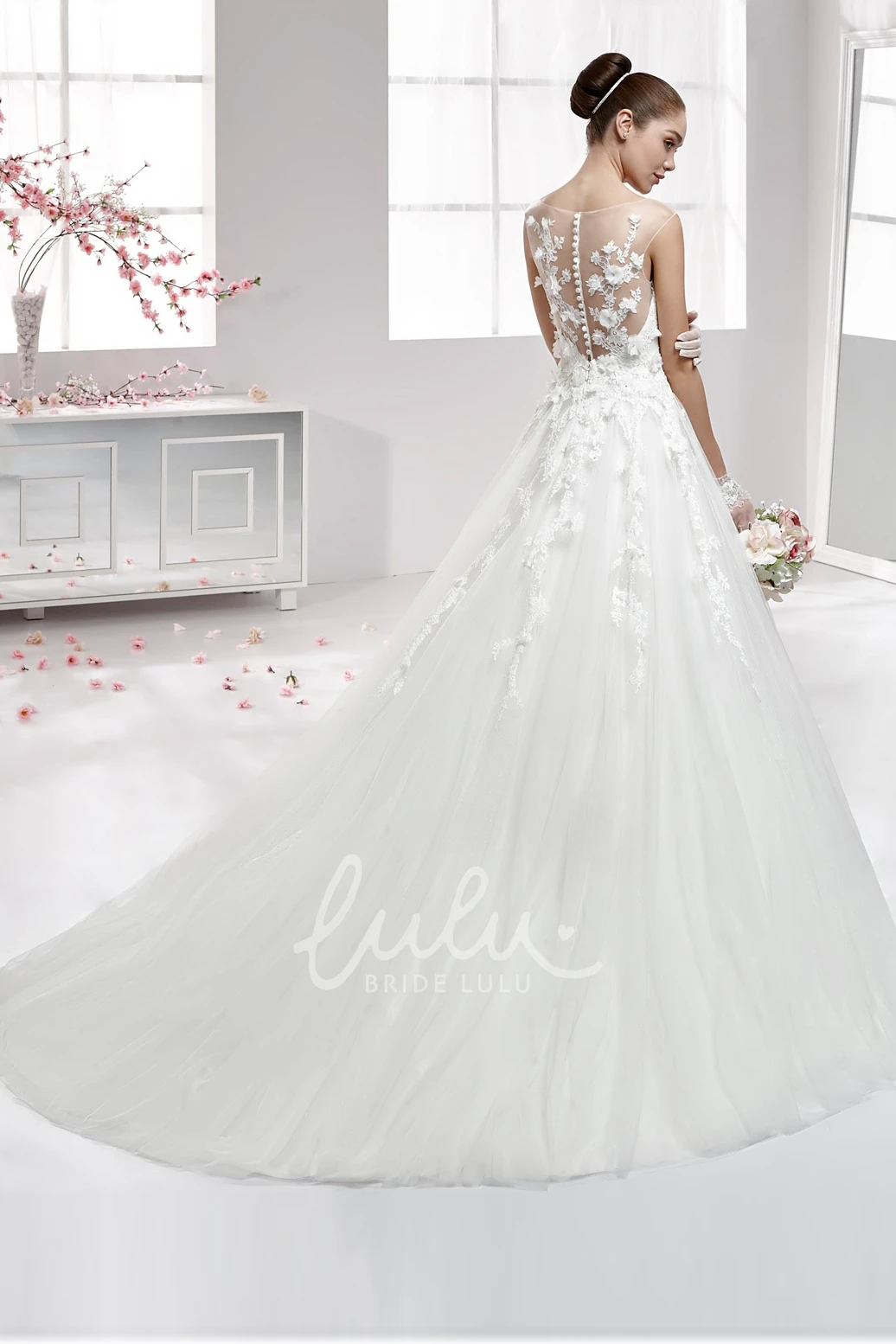 A-Line Wedding Gown with Jewel-Neck and Illusive Lace Appliques