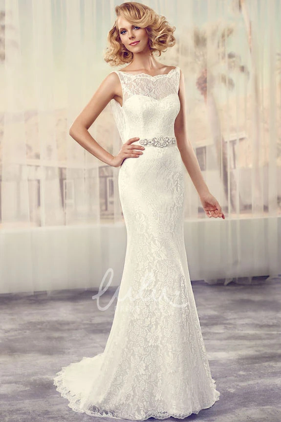 Jeweled Lace Wedding Dress with V-Back and Sweep Train Maxi Bateau Style
