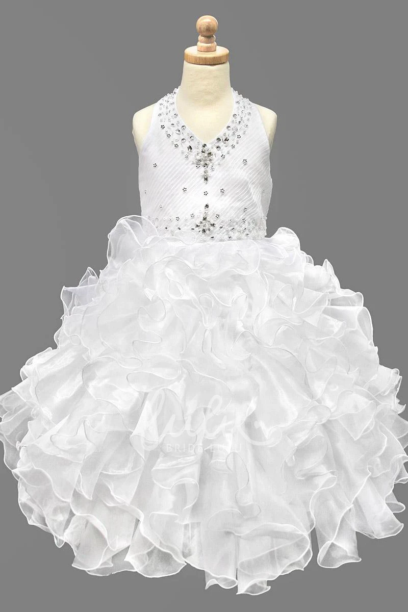 Tea-Length Ruffled Flower Girl Dress with Natural Sequins&Organza and Beaded Tiered Design