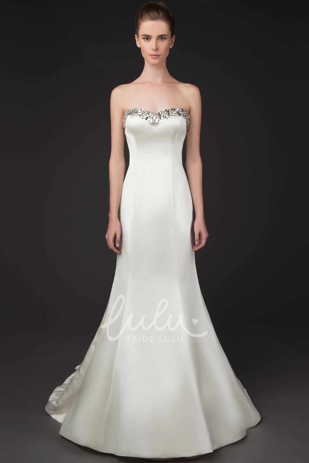Crystal Sweetheart Satin Wedding Dress with Court Train Sleeveless Maxi