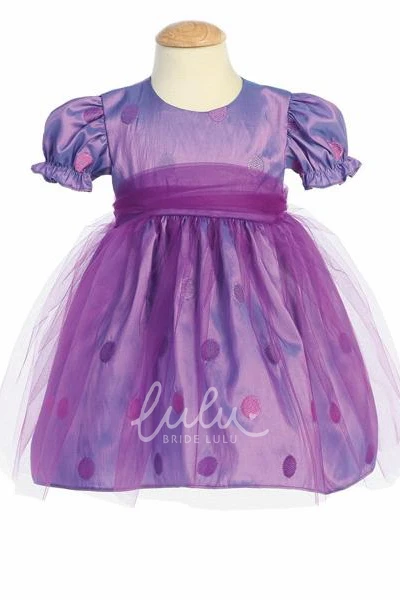 Embroidered Tea-Length Tulle&Taffeta Flower Girl Dress with Bow