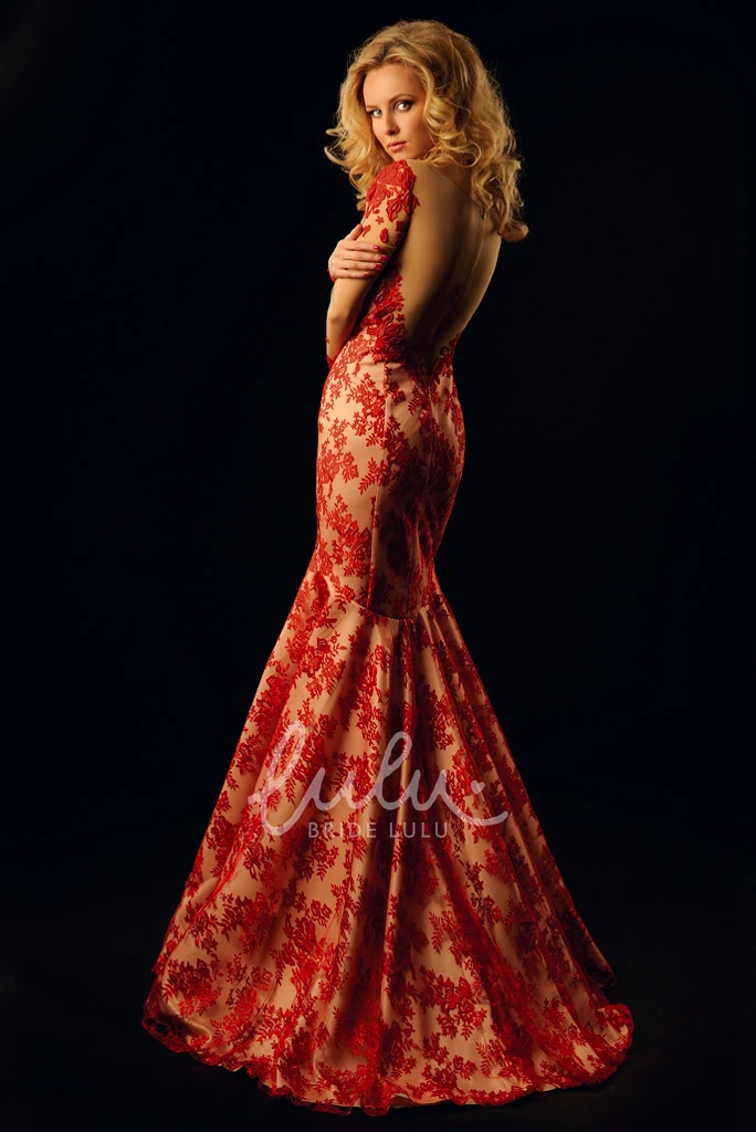 Long-Sleeve Lace Trumpet Prom Dress with Illusion Back and Brush Train