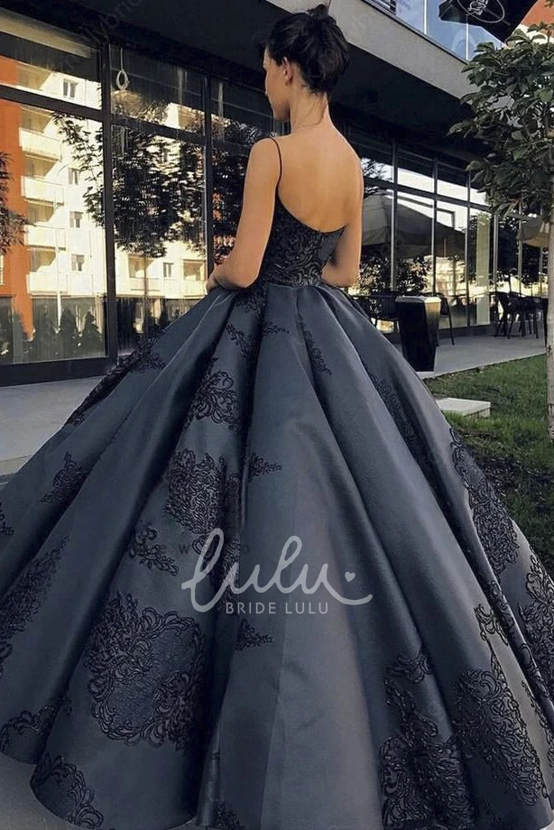 Elegant Satin Ball Gown with Lace Appliques Spaghetti Straps and Ruffles
