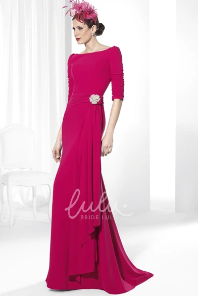 Chiffon Half-Sleeve Scoop-Neck Prom Dress with Broach Elegant Formal Dress