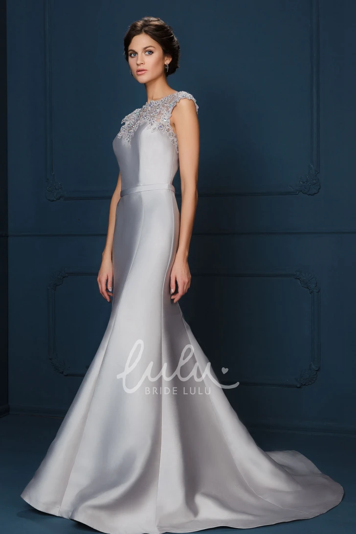 Jewel Neck Satin A-Line Mother Of The Bride Dress with Cap Sleeves