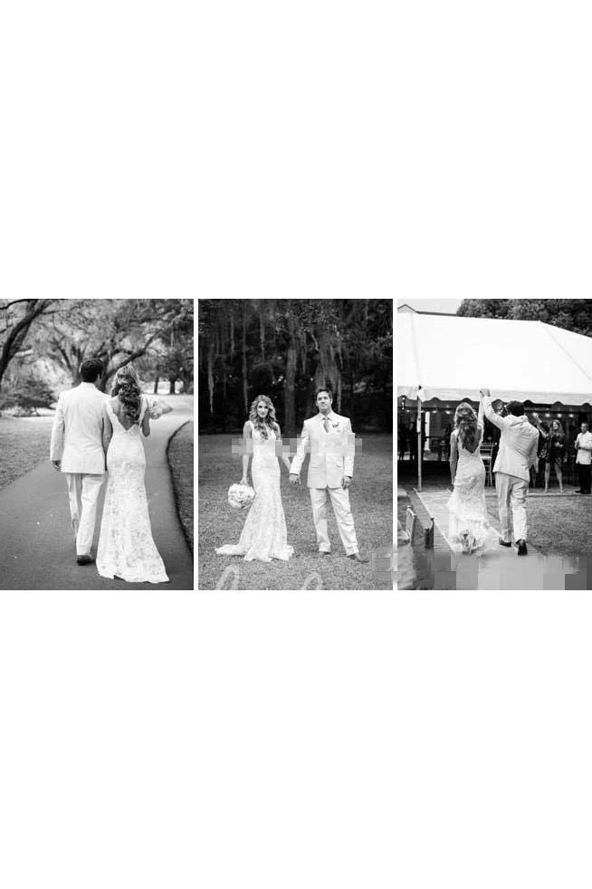 Low-V Back V-neck Lace Wedding Dress Sheath Style