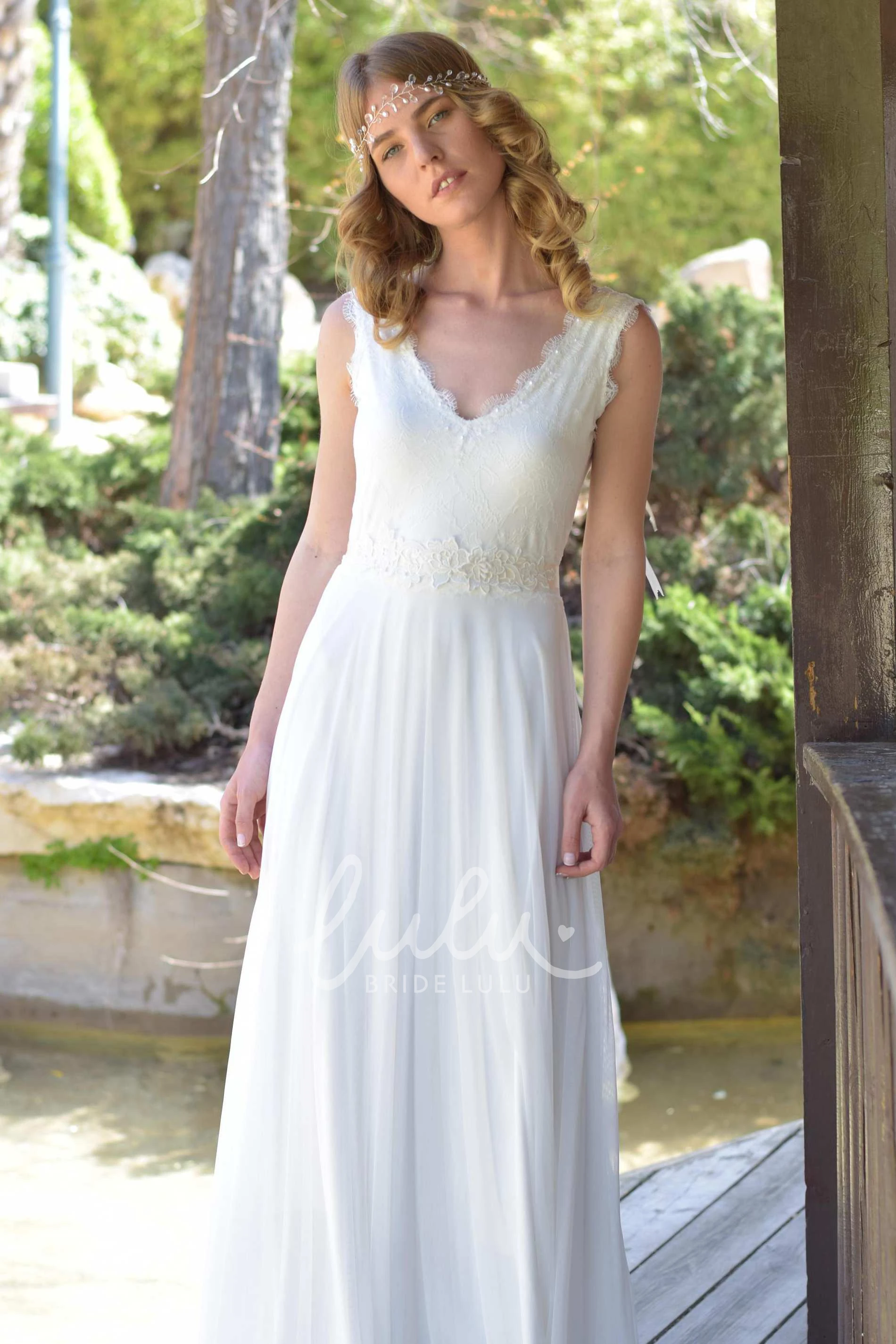Sleeveless Chiffon Lace Wedding Dress with Plunging Neckline and Bow Detail