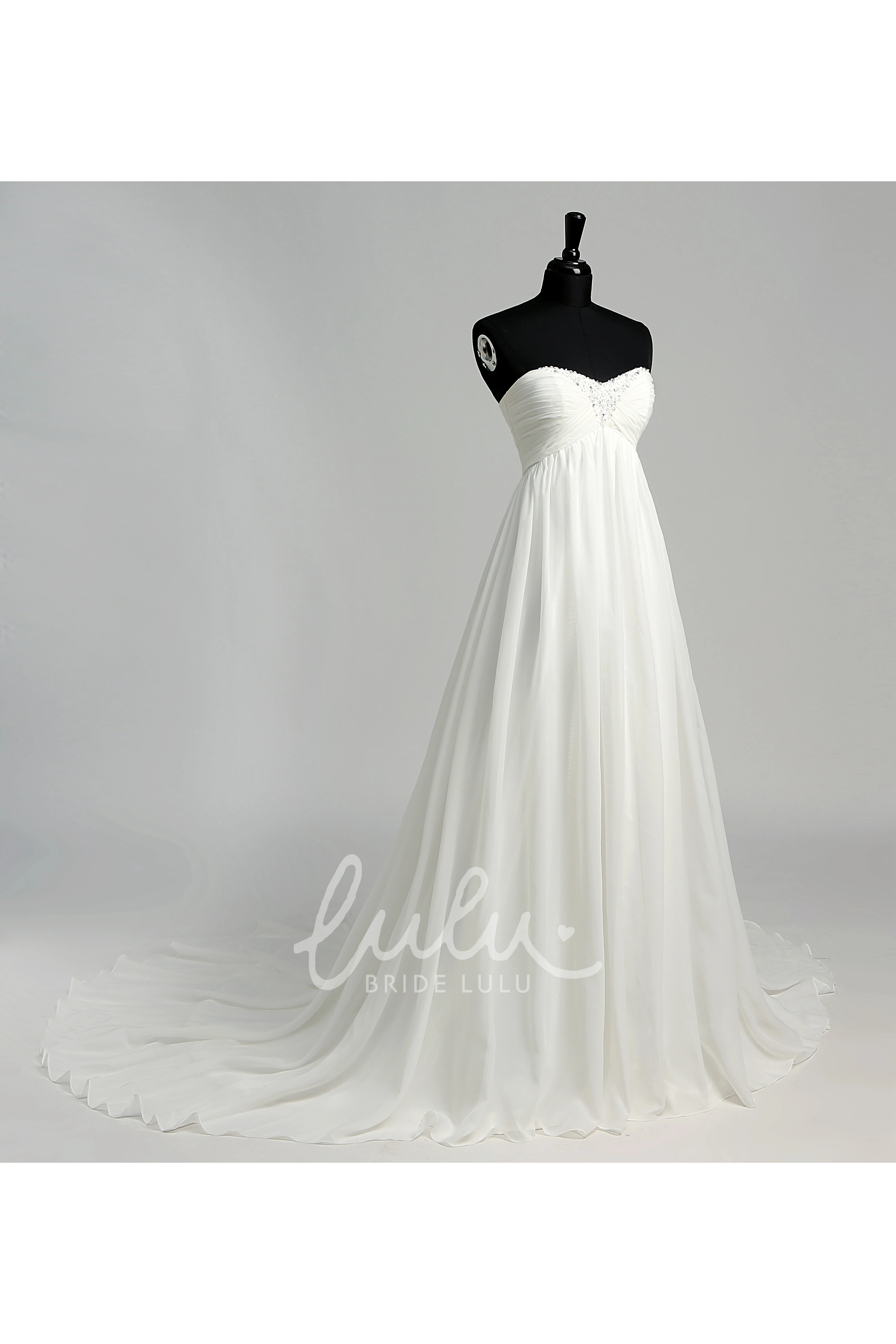 Chiffon A-line Wedding Dress with Sweetheart Neckline Sleeveless Design Beaded Bodice and Ruched Skirt
