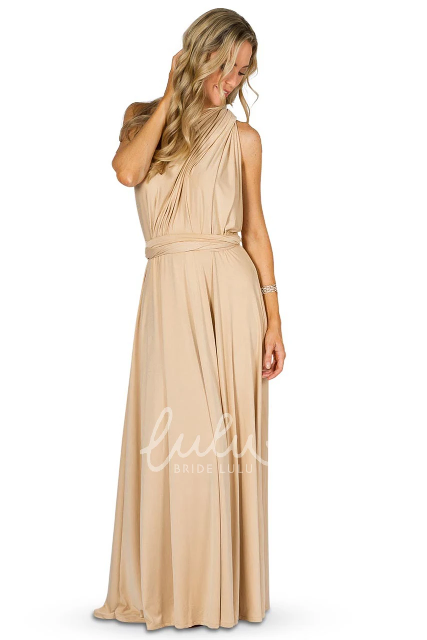 Strapped Sleeveless Convertible Bridesmaid Dress with Bow Elegant Jersey