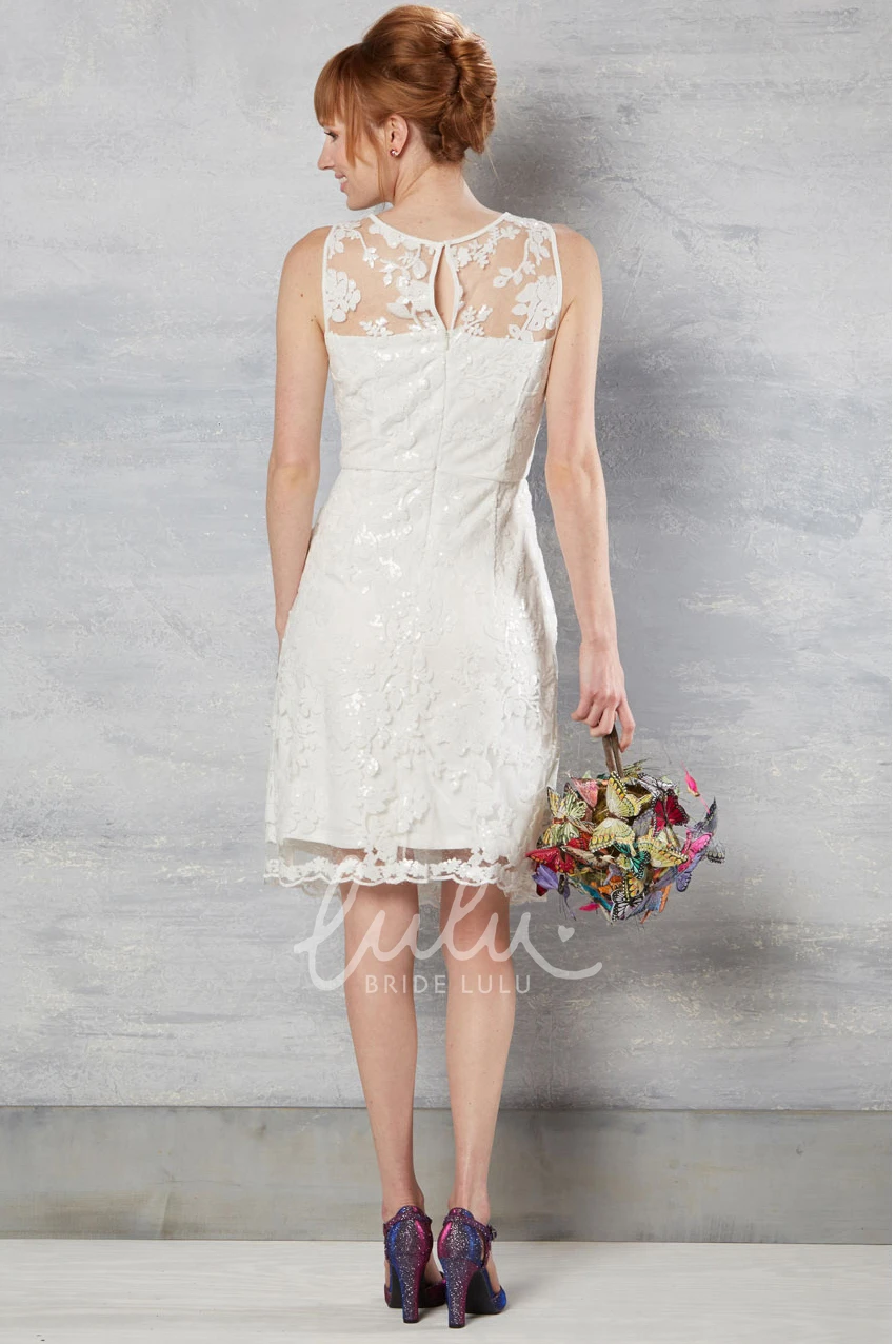Lace Scoop-Neck Knee-Length Wedding Dress with Appliques Sleeveless