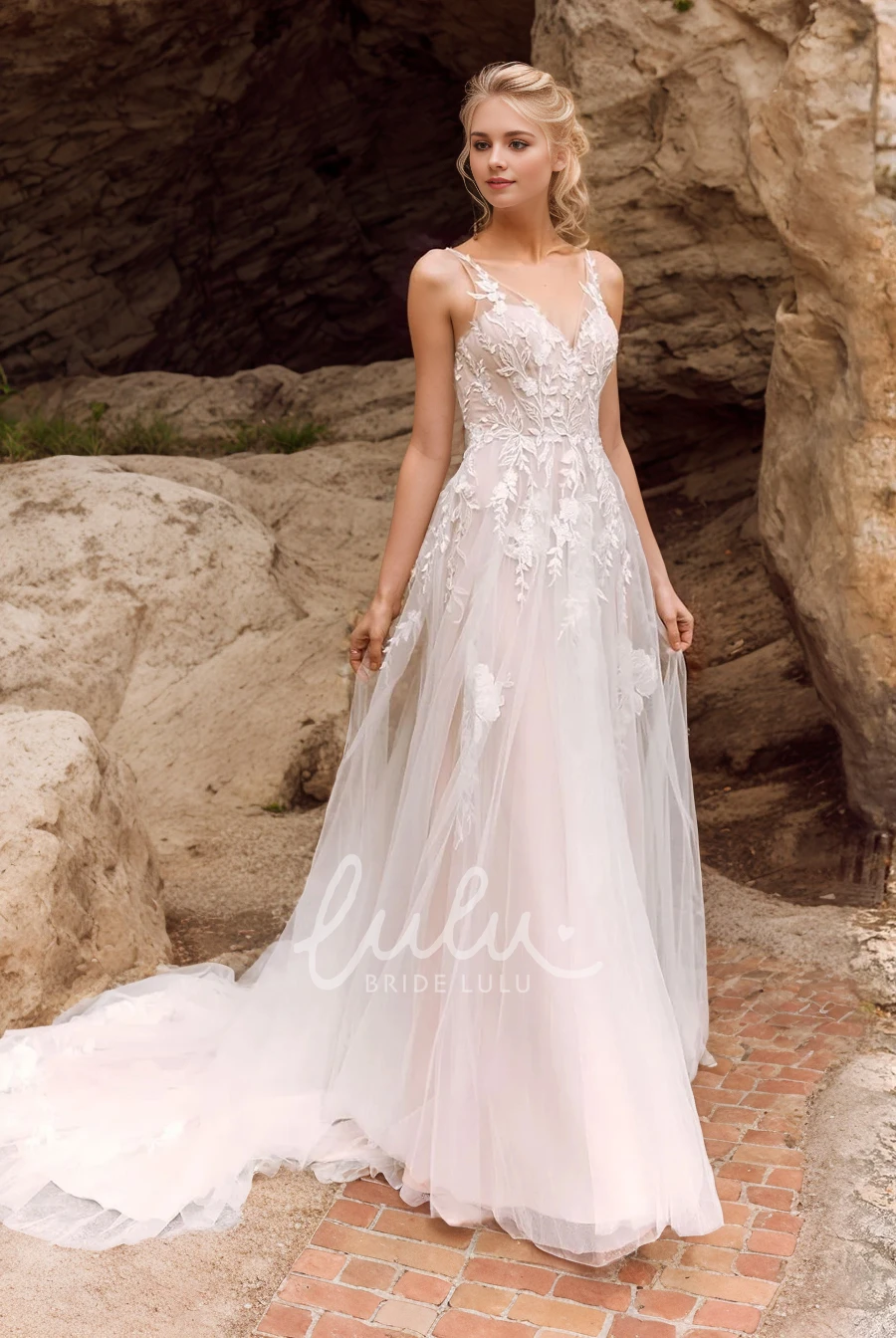 Elegant A-Line Sleeveless Bobo Lace Warm Wedding Dress with Train Deep-V Back Gown