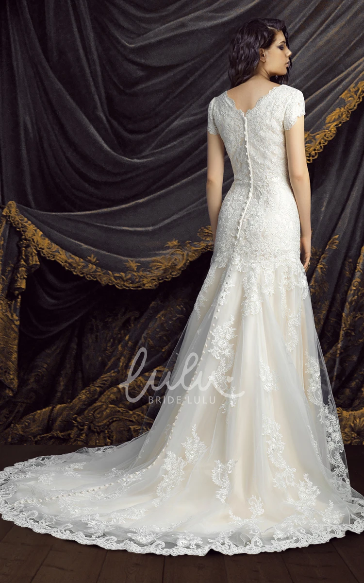 Modest Lace Wedding Dress with Queen Anne Neckline Short Sleeve & Elegant