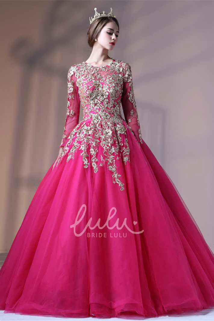 Lace Sleeve Tulle Ball Gown with Keyhole Back Elegant Formal Dress