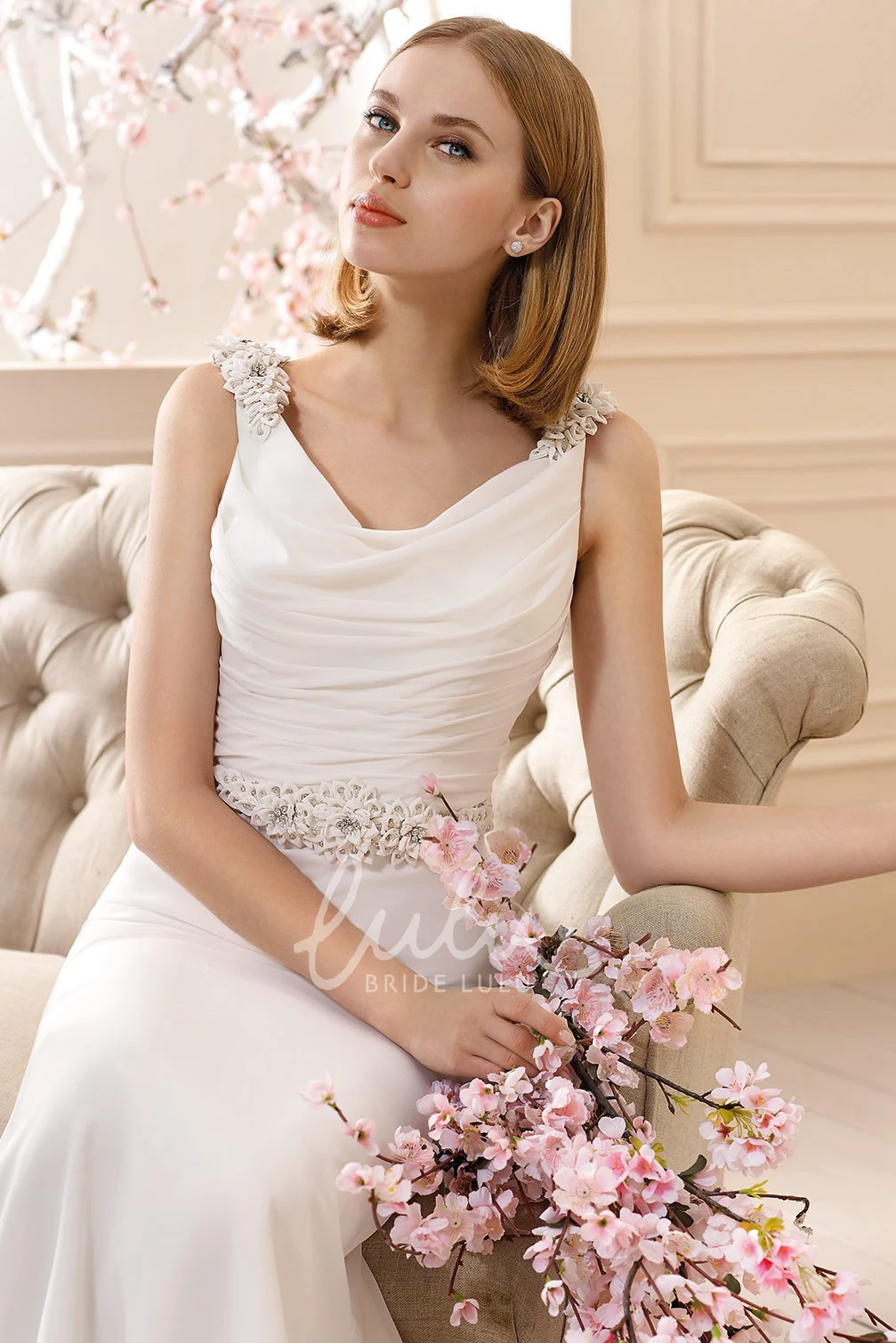 Floral Chiffon Cowl-Neck Wedding Dress with Beading Sleeveless