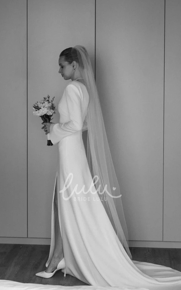 Minimalist Modest Bell Long Sleeve A-Line Wedding Dress Simple Flowy Fall Autumn Satin Split Front Low-V Back Bridal Gown with Court Train