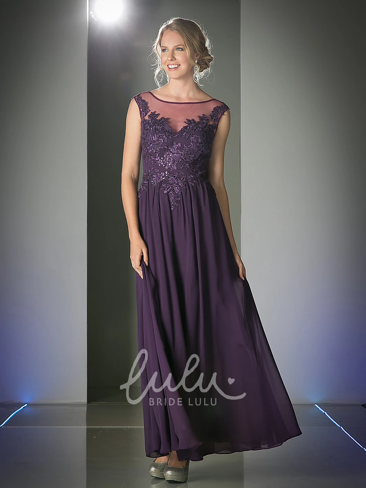 Scoop-Neck Sleeveless Sheath Dress with Appliques and Illusion in Chiffon Fabric