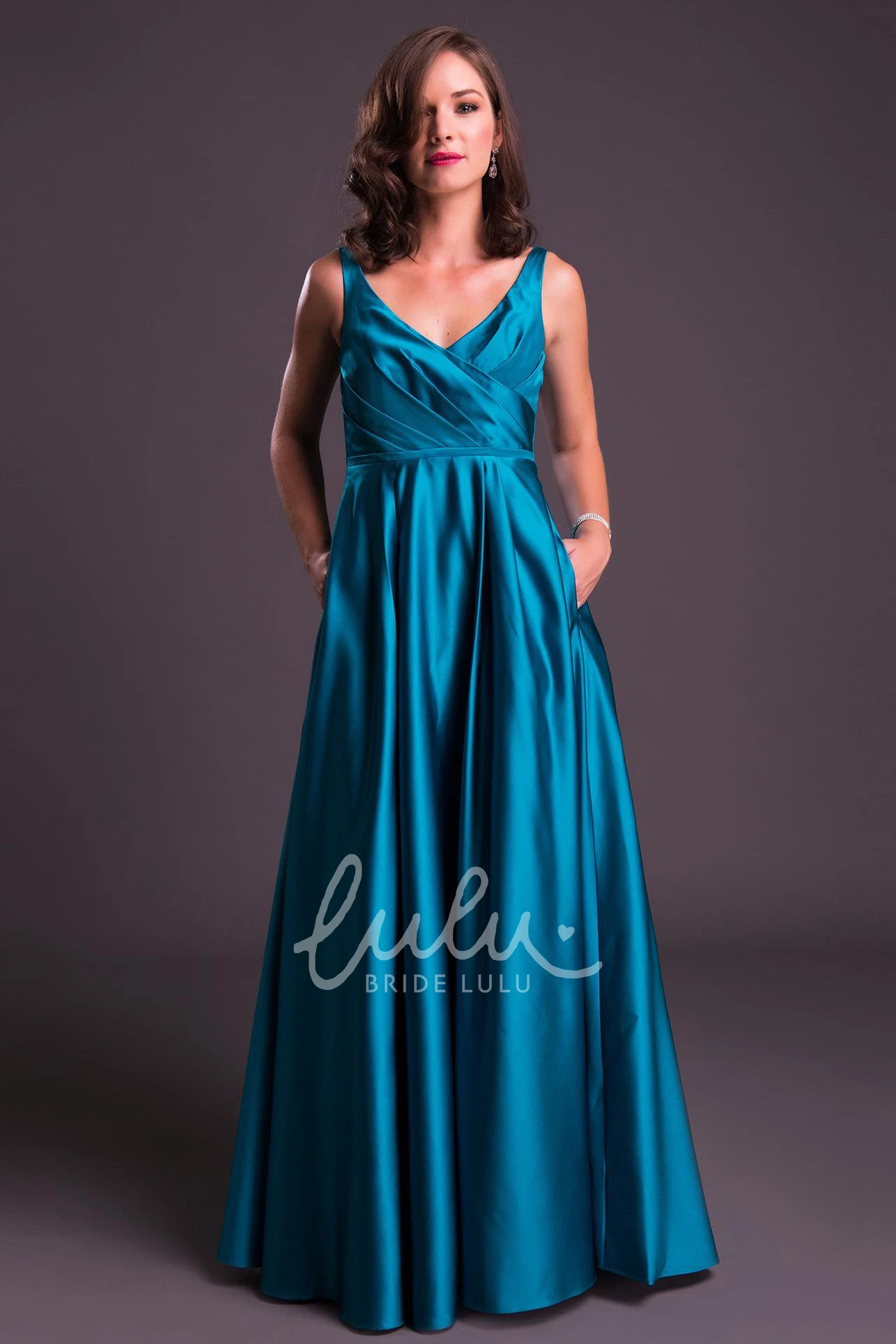 Ruched Satin V-Neck Prom Dress A-Line Floor-Length Sleeveless