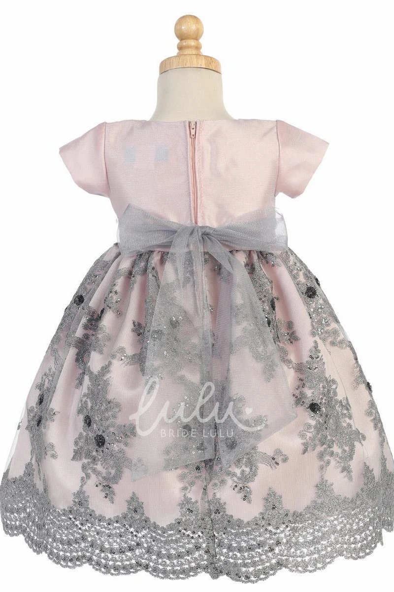 Embroidered Sequin Tulle Floral Dress with Sash Tea-Length Flower Girl Dress