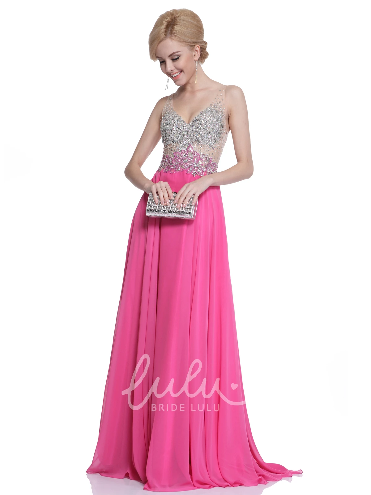 Chiffon A-Line Dress with Pleats Beading and Deep-V Back for Formal Events