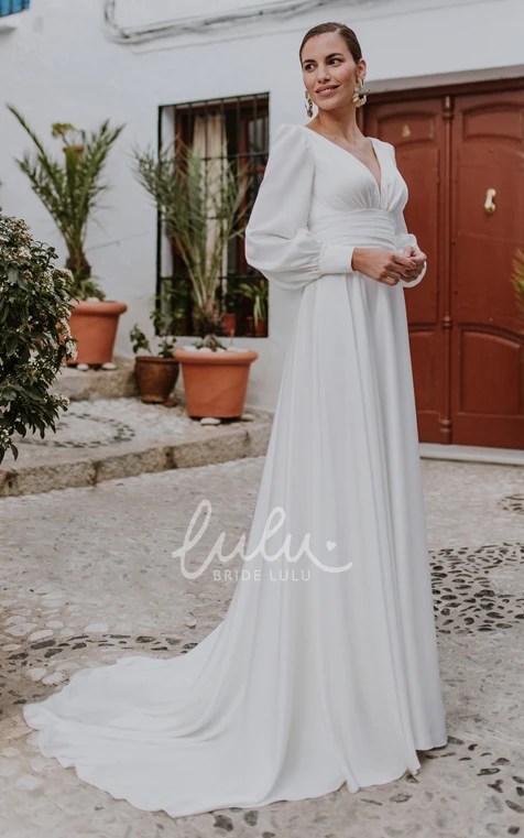 Romantic Wedding Dress with Button Back and Ruching V-neck A-Line Chiffon