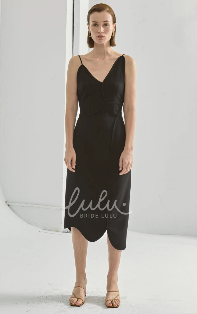 Sleeveless Taffeta V-neck Cocktail Dress Simple Tea-length Formal Dress