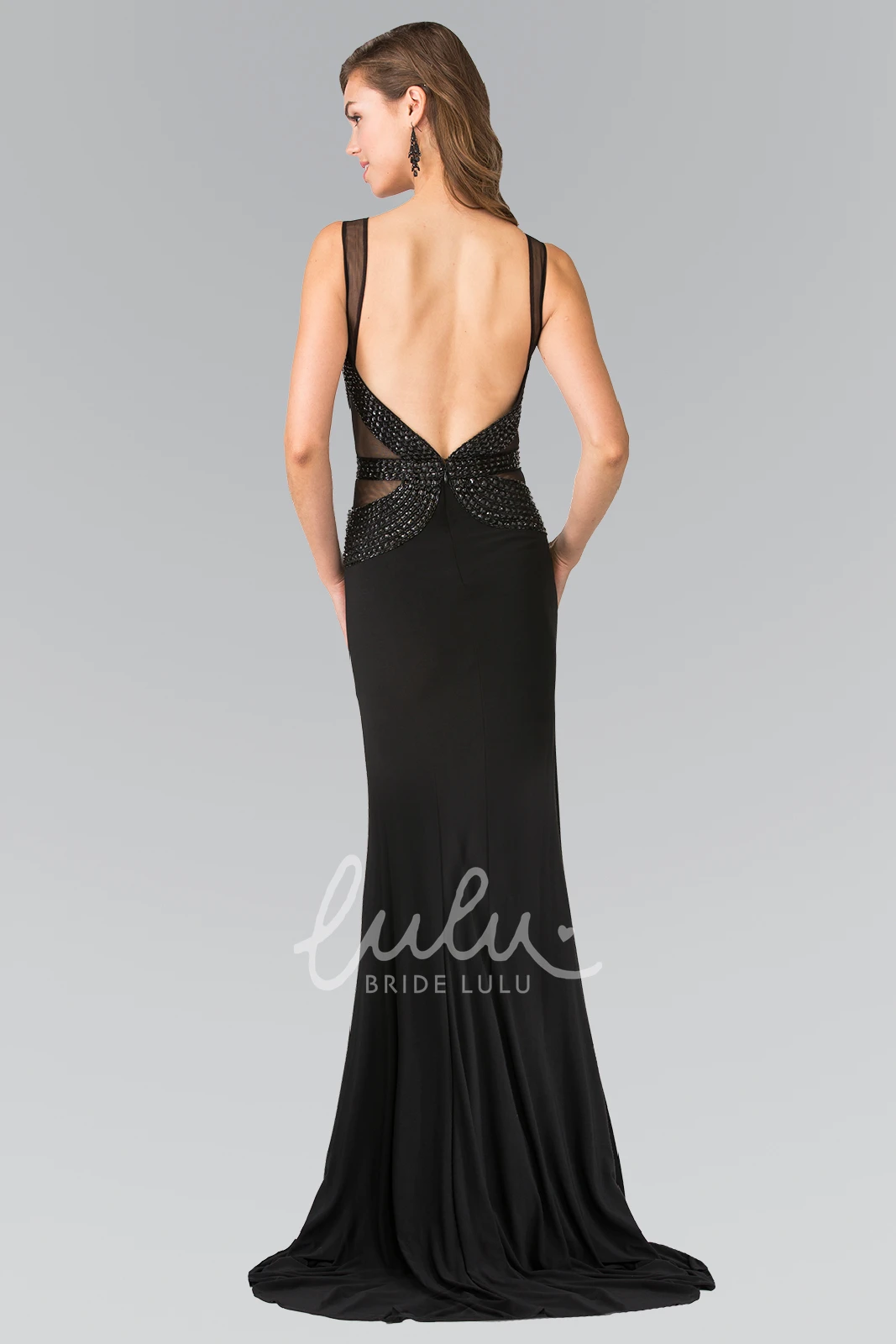 Bateau Sleeveless Chiffon Formal Dress With Beading Long Sheath Style with Deep-V Back