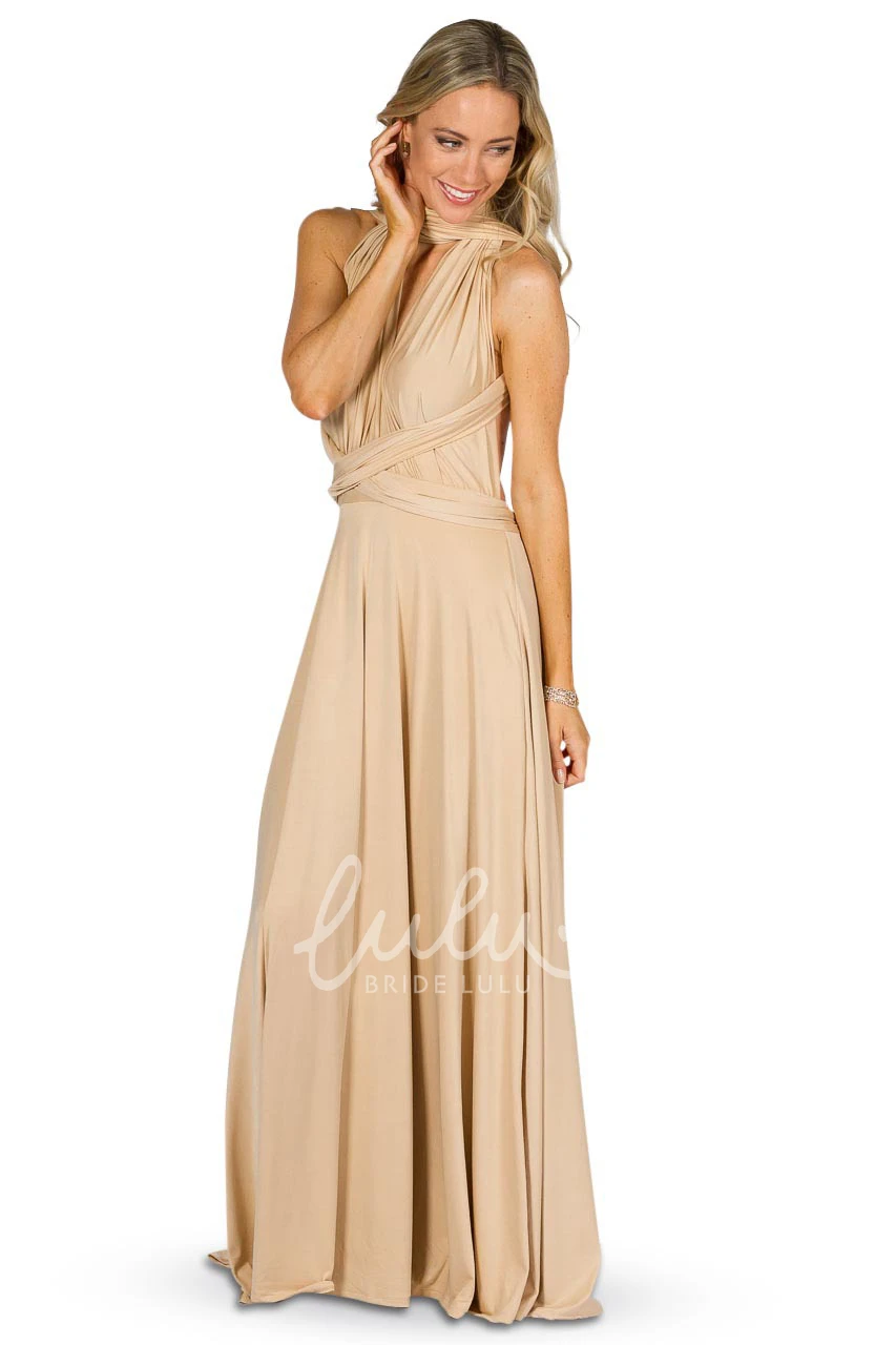 Strapped Sleeveless Convertible Bridesmaid Dress with Bow Elegant Jersey