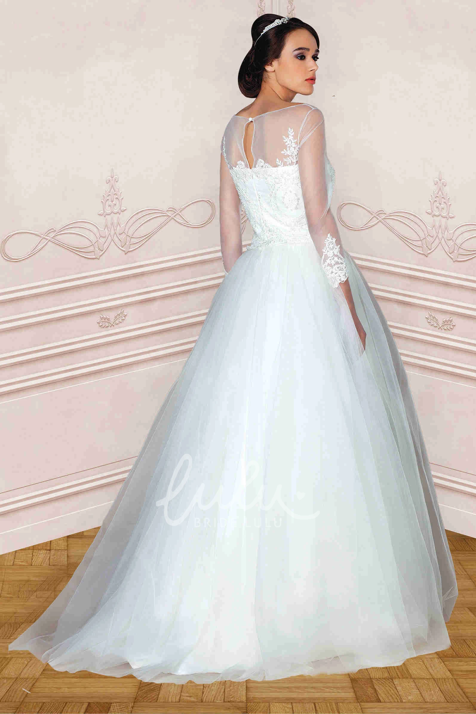 Tulle Long-Sleeve Wedding Dress with Appliques Scoop Neck Sweep Train Illusion Dress
