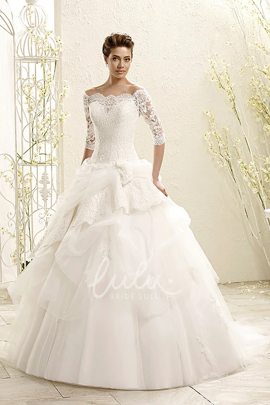 Off-The-Shoulder Ruffled Tulle Ball Gown Wedding Dress with Half-Sleeves
