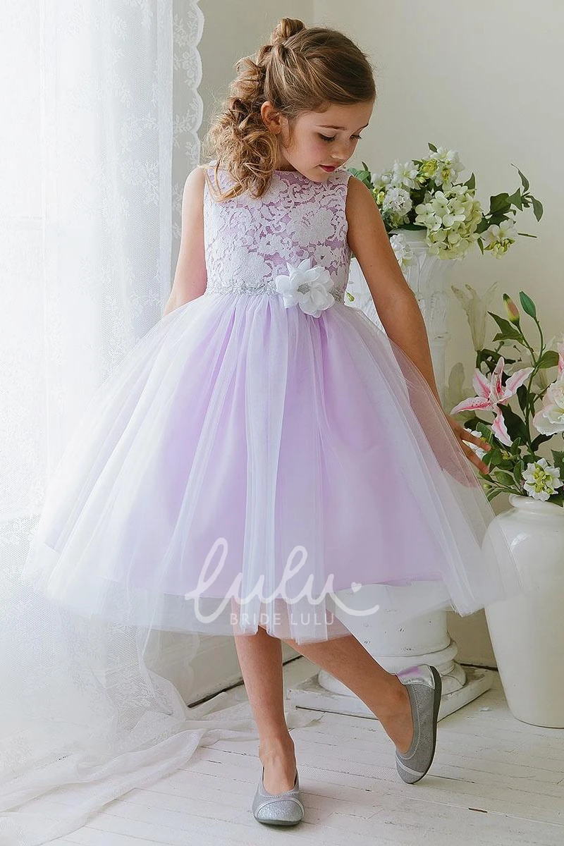 Floral Tea-Length Tiered Tulle&Lace Flower Girl Dress Boho Beach Dress for Girls