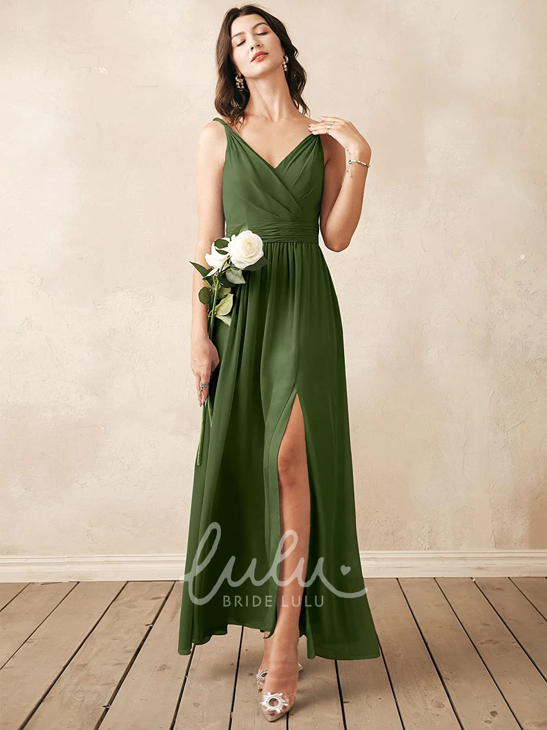 Sleeveless V-neck Chiffon A-line Bridesmaid Dress with Ruching Elegant