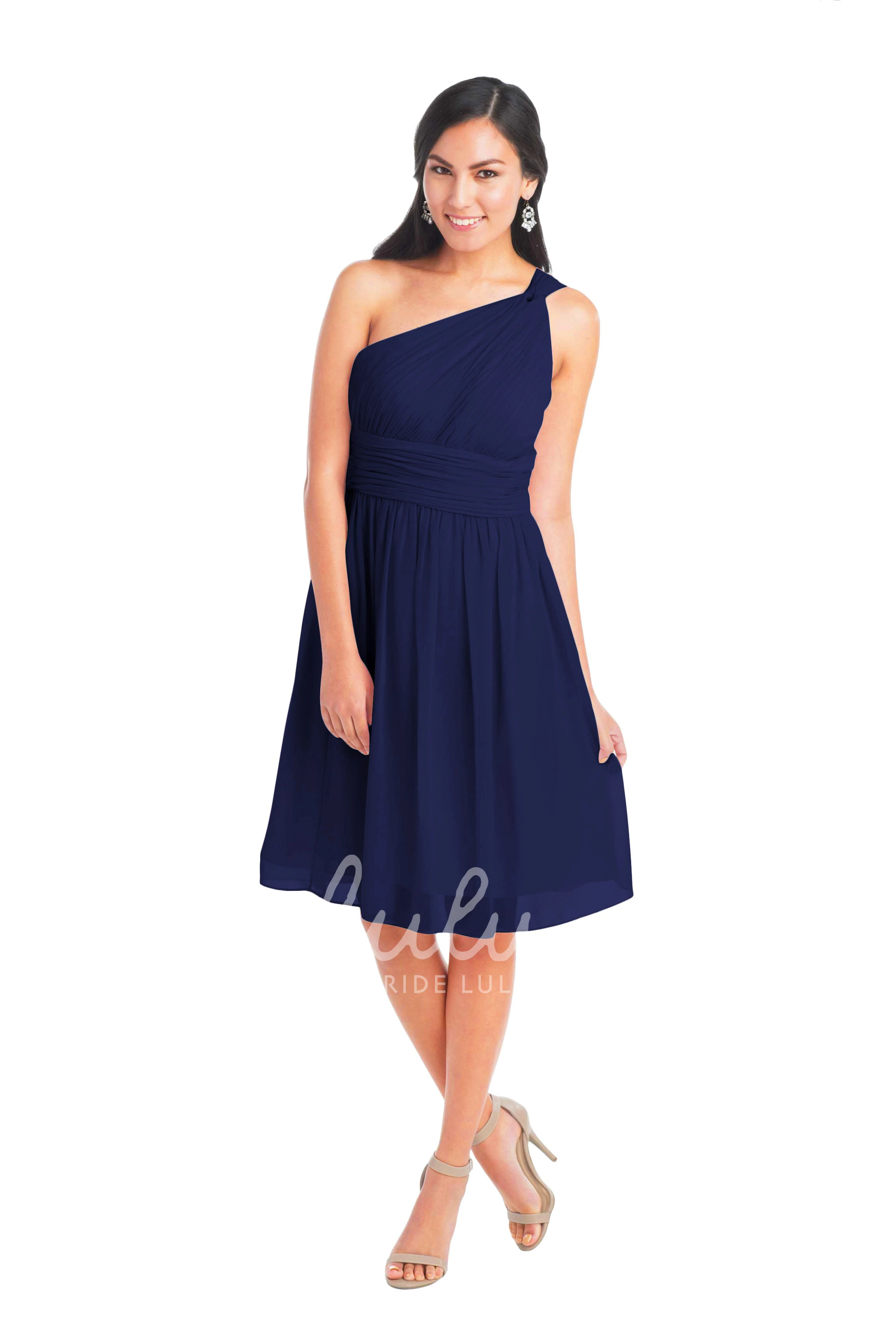 Knee-Length One-Shoulder Ruched Chiffon Convertible Bridesmaid Dress Sleeveless Muti-Color Straps