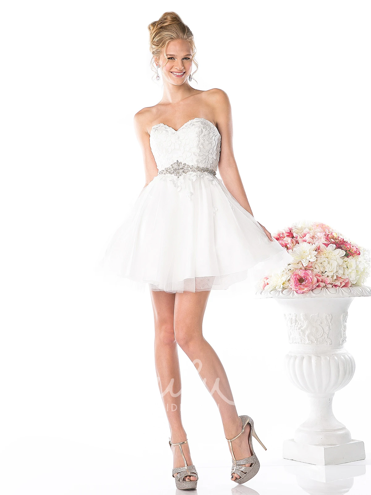 Tulle Satin Sweetheart A-Line Backless Dress with Appliques and Waist Jewelry Formal Dress