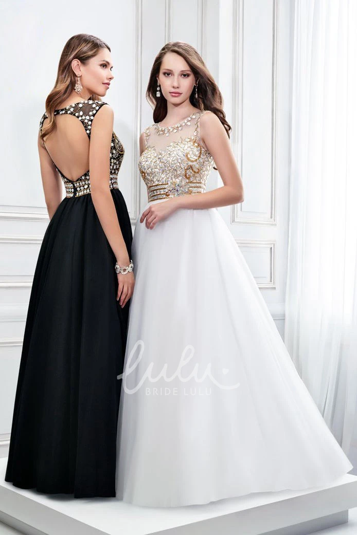 Crystal Satin Sleeveless Prom Dress with Keyhole and Scoop Neck