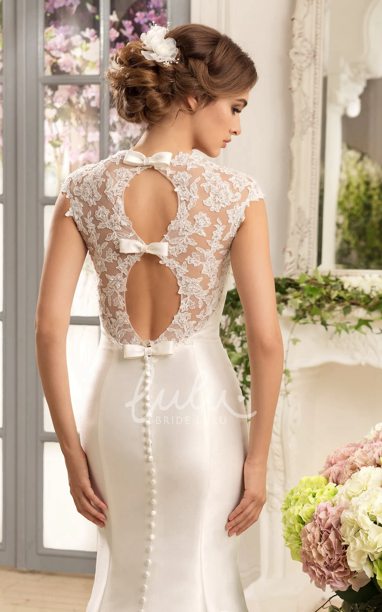 Satin Trumpet Wedding Dress with Cap Sleeves and Queen Anne Neckline