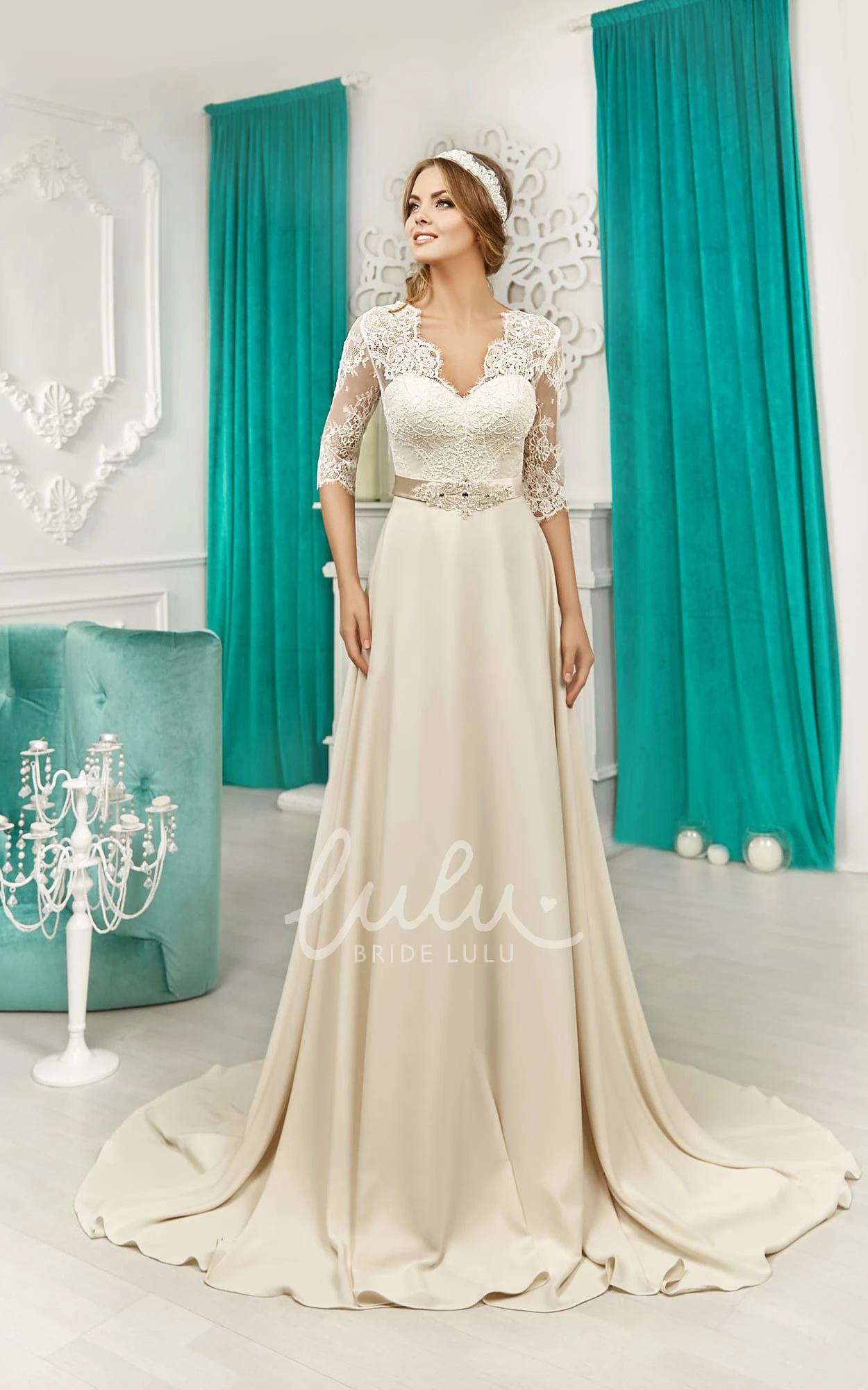 Lace V-Back Satin Winter Wedding Dress with Half Sleeves